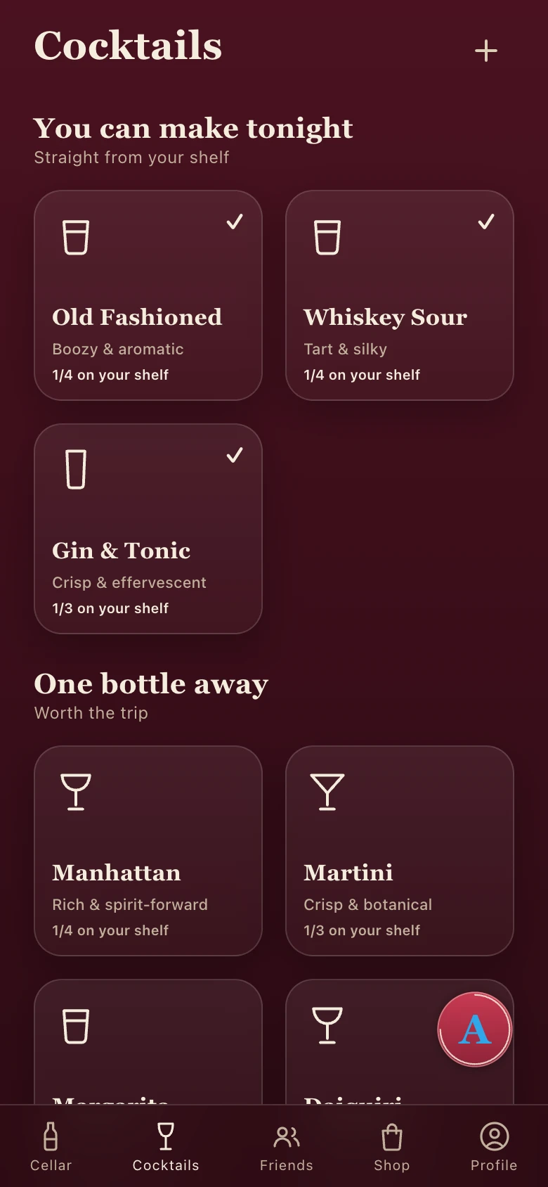 Cocktails matched to ingredients already in the user's collection