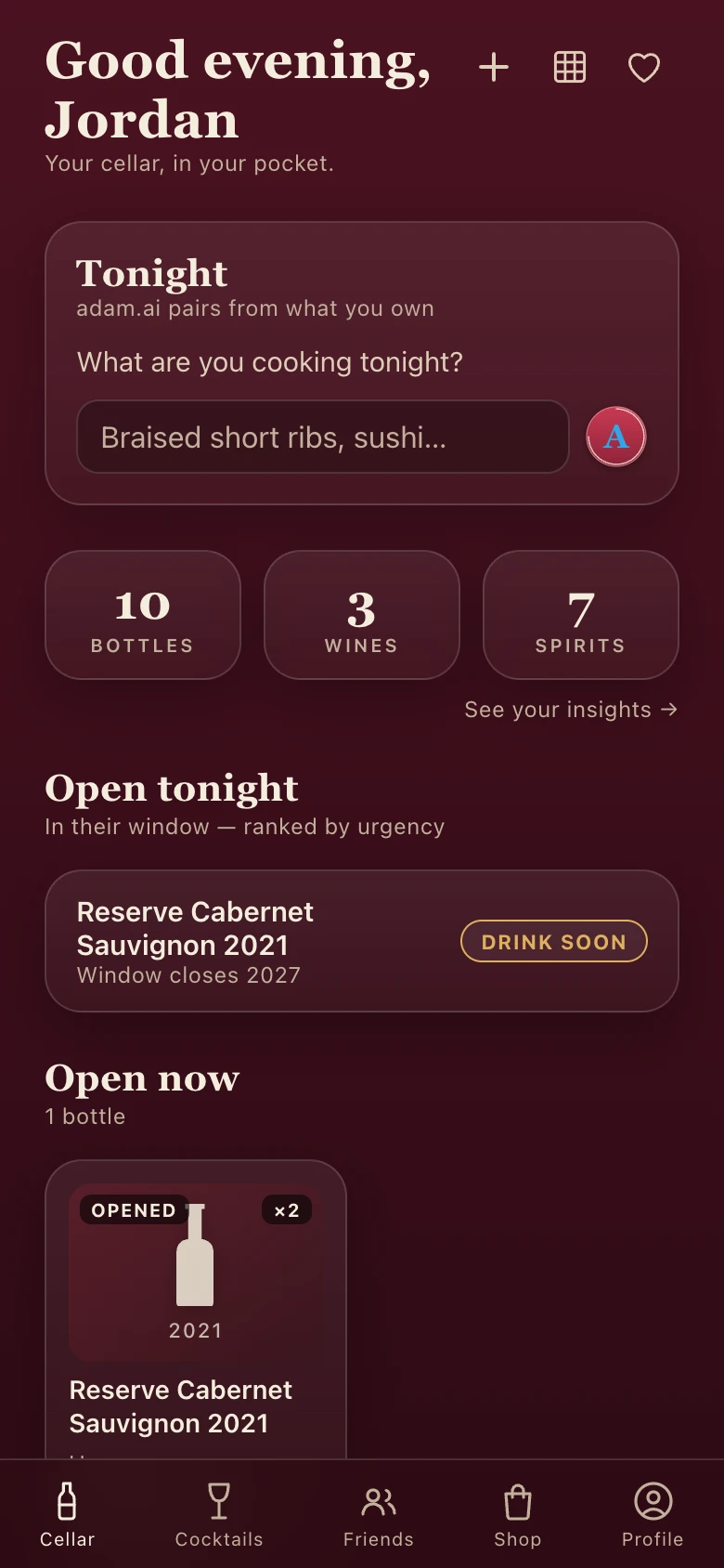 Cellar home showing tonight's pairing prompt and bottles ready to open
